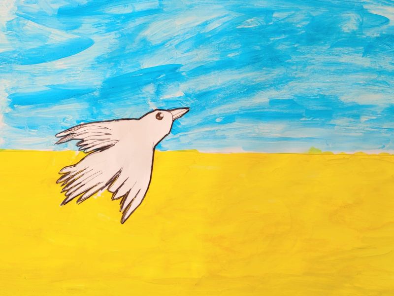 Eine Taube fliegt über die Flagge der Ukraine.