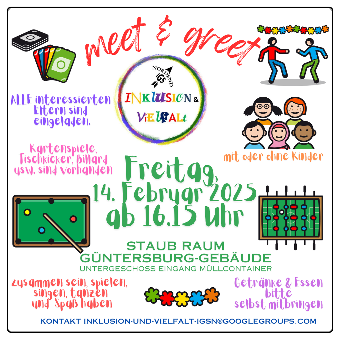 Ein quadratischer Flyer, In der Mitte ein Kreis mit farbiger Umrandung, Grüner Schrift Freitag, 14. Februar 2024, ab 16.15 Uhr, STAuB Raum, Günthersburggebäude, Alle interessierten Elternsind eingeladen, Kartenspiel, Tischkicker, Billard usw. sind vorhanden. Zusammen sein, spielen, singen, tanzen und Spaß haben. Getränke und Essen bitte selbst mitbringen. Mit oder ohne Kinder. Viele Metacom Symbole verteilt.