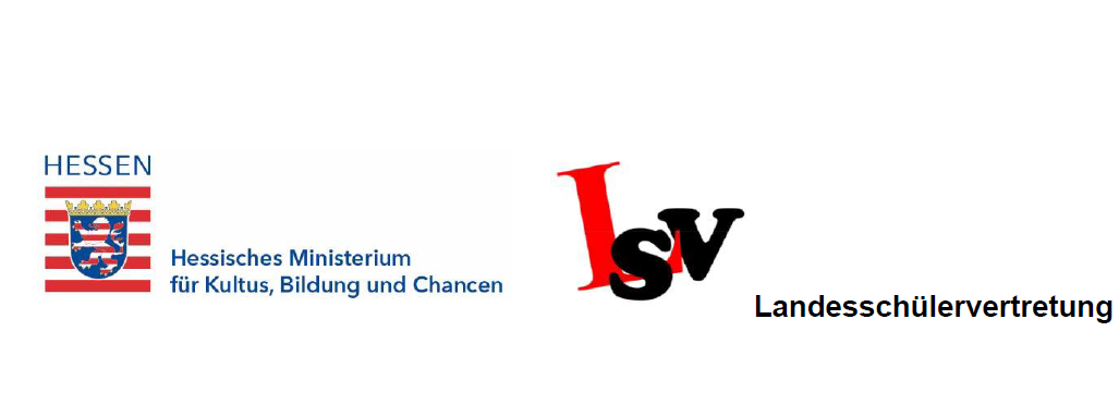 Das Hessische Wappen mi dem Läwen und Roten waagerechten Strichen und der Schrift Hessisches Ministerium für Kultus, Bildung und Chancen und das Logo der Landesschülervertretung mit einem roten L und schwwarzen S und V schräg übereinander