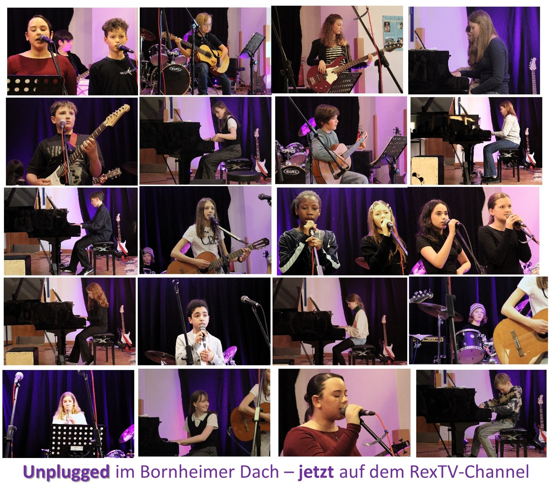 Eine Fotocollage mit 4x4 Bilder von Schüler*innen die Musik machen. In der Regel vor schwarzem Hintergrund.