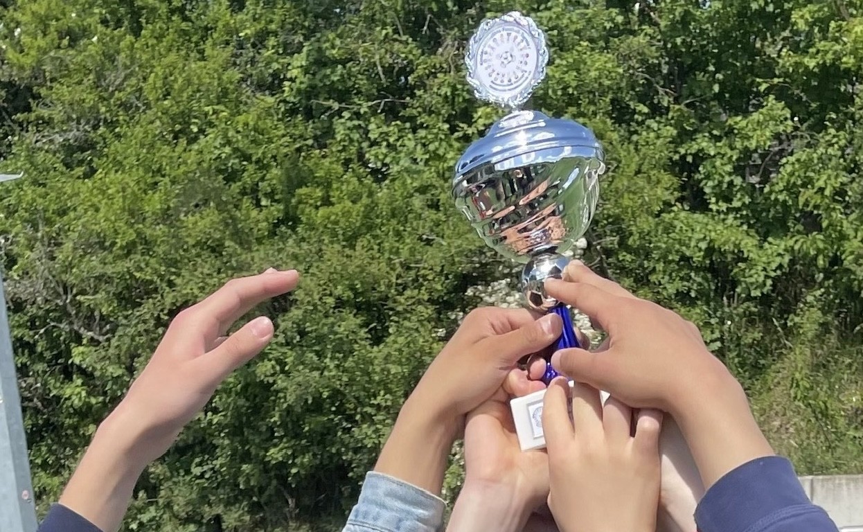 Mehrere Hände strecken sich nach einem silbernen Pokal