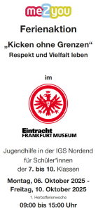 Das Eintracht Frankfurt Logo - Ein roter Adler mit ausgestreckten Flügeln und Krone und einen roten Kreis umrandet. Mit den Informationen über Zeit und Datum der Ferienaktion. Diese folgen im Text.