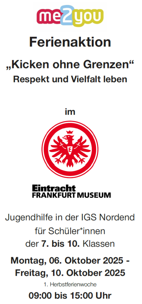 Das Eintracht Frankfurt Logo - Ein roter Adler mit ausgestreckten Flügeln und Krone und einen roten Kreis umrandet. Mit den Informationen über Zeit und Datum der Ferienaktion. Diese folgen im Text.