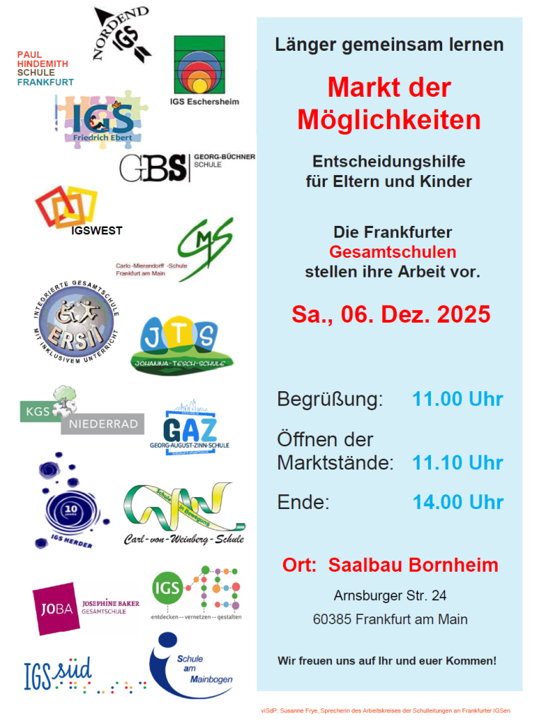 Ein Plakat in 2 Spalten geteilt. Rechts die 17 Schulen mit ihrem jeweiligen Logo. Links ein Text unter hellblauem Hintergrund. mit den Angaben zum Ort, Zeit usw. Sie folgenden Text.