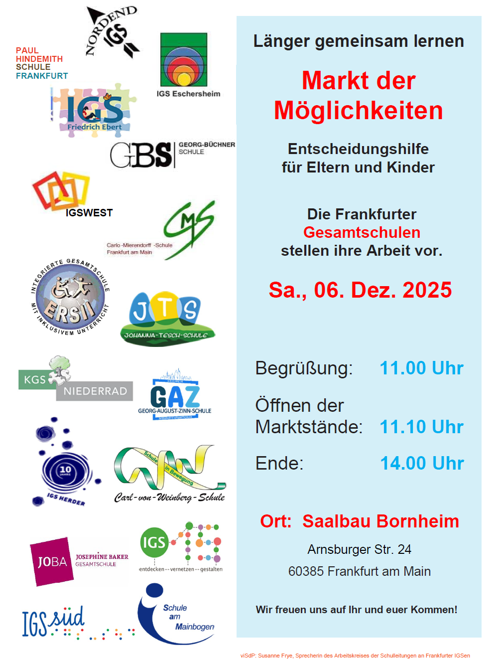 Ein Plakat in 2 Spalten geteilt. Rechts die 17 Schulen mit ihrem jeweiligen Logo. Links ein Text unter hellblauem Hintergrund. mit den Angaben zum Ort, Zeit usw. Sie folgenden Text.