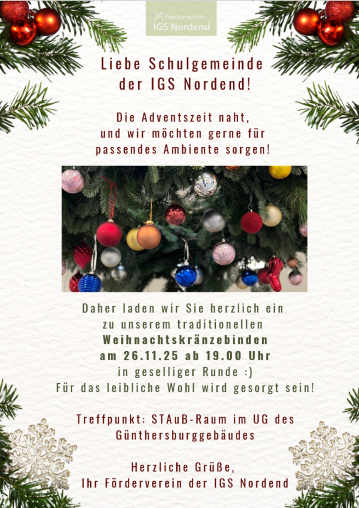 Ein Plakat mit weißem Hintergrund. Links und rechts oben Weihnachtssterne Pflanzen, unten links und rechts weiße Sterne. In der Mitte ein Bild mit vielen bunten Kugeln an Tannenzweigen. Der Text ist auf der Seite.