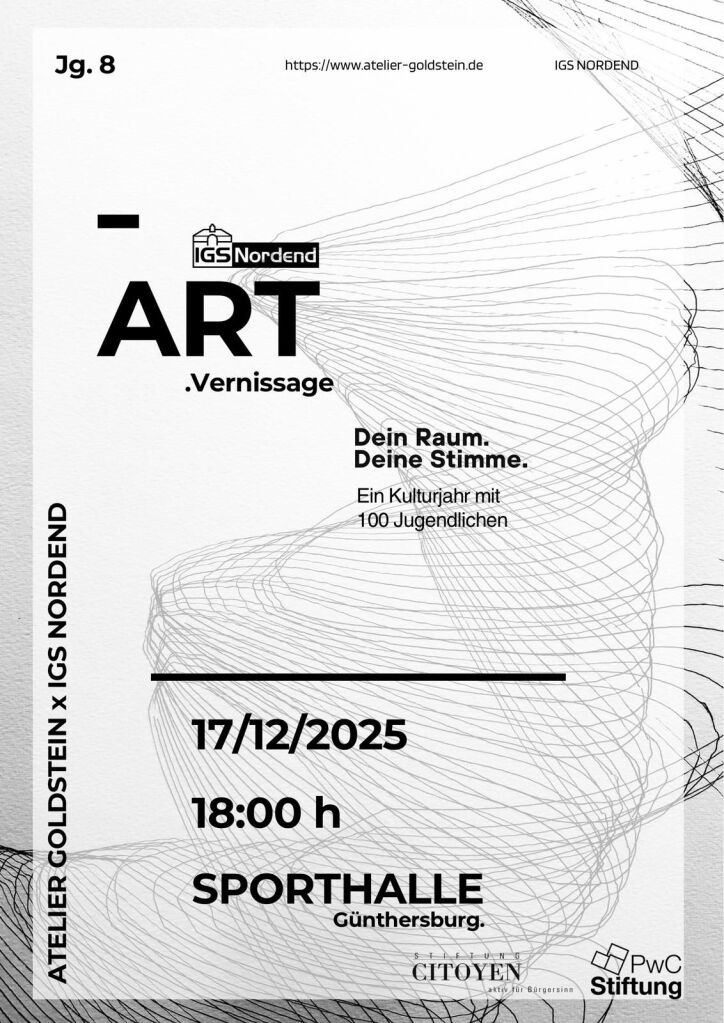 Ein Plakat mit weißem Hintergrund und schwarzer Schrift. Das Wort ART steht in großen Buchstaben in der linken oberen Ecke. Dein Baum, Deine Stimme, Ein Kulturjahr mit 100 Jugendlichen und 17.12.2025, 18.00 Uhr steht auf dem Plakat. Im Hintergrund ist ein Zeichnung wie eine Spirale die ungleichmäßig breit ist.