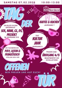 Ein Plakat zum Tag der offenen Tür. Viele Sprechblasen mit Hinweisen auf die einzelnen Angebote. Girlanden, Schultüten, Sprachrohe, Kaffeetassen verzieren das Bild in Rot und Rosa. Die Schrift folgt im folgenden Text.