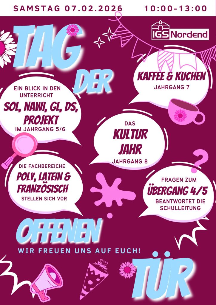 Ein Plakat zum Tag der offenen Tür. Viele Sprechblasen mit Hinweisen auf die einzelnen Angebote. Girlanden, Schultüten, Sprachrohe, Kaffeetassen verzieren das Bild in Rot und Rosa. Die Schrift folgt im folgenden Text.
