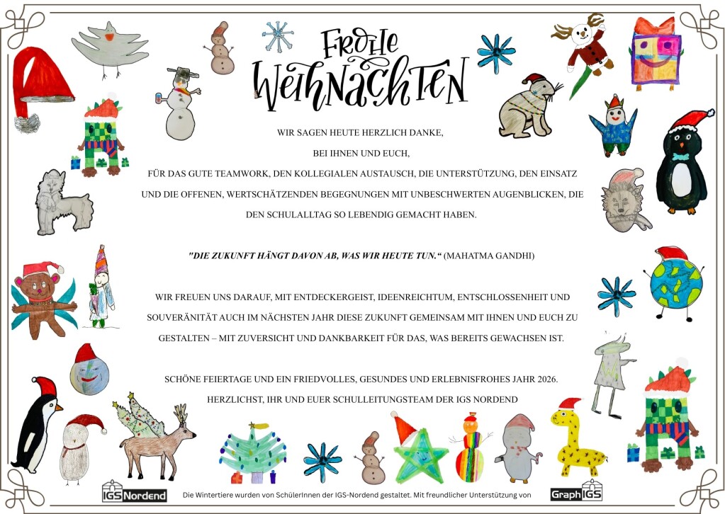 Eine Weihnachtskarte mit vielen unterschiedlichsten von Schüler*innen gezeichneten Weihnachtsfiguren als Rand. Der Text in Mitte steht hier auf der Seite.