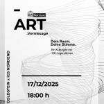 Das Plakat zur Vernissage. Schwarze Schrift auf weißem Hintergrund. mit Titel, Ort, Datum und Sponsoren.