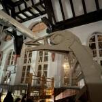 Der Kopf eines Dinosauriers mit langem spitzen Schnabel vor der Holzkonstrukton des Daches der Sporthalle.