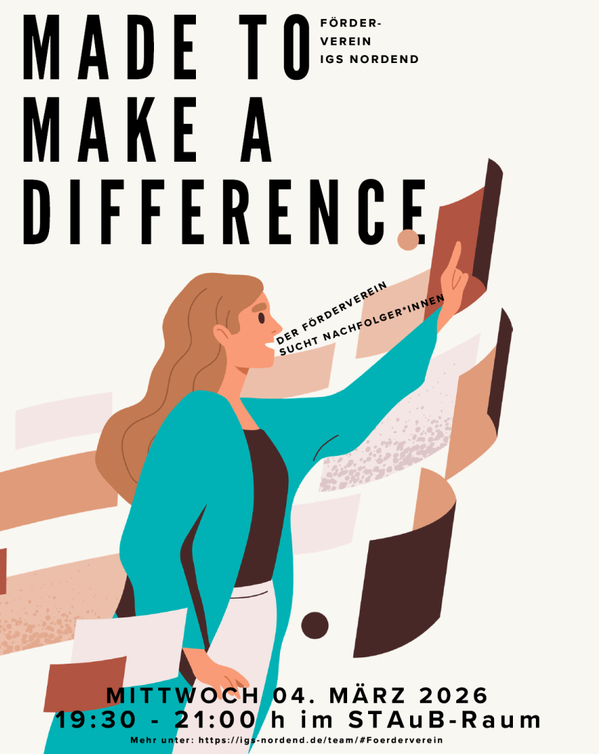 Ein Plakat mit einem Bild einer seitlich stehenden Frau, die linke Hand hochgehoben und einen Finger in die Luft. Sie sagt: Der Förderverein sucht Nachfolger*innen"