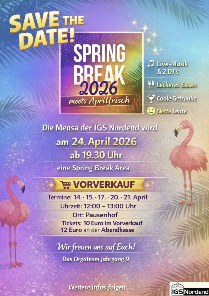 Ein Plakat in lila Pastellfarben mit Flamingo. Text s. nebensetehend