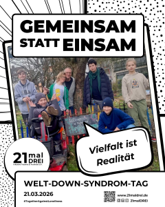 Ein Plakat mit weißem Hintergrund und schwarzem Rahmen und Schrift. "Gemeinsam statt einsam" "31 mal Drei" Vielfalt ist Realität" Ein Gruppe von Jgendlichen vor und um einen Apfelbaum. Ein Schüler im Rollstuhl, ein Schüler mit Down Syndrom, ein Mädchen, ein Erwachsener