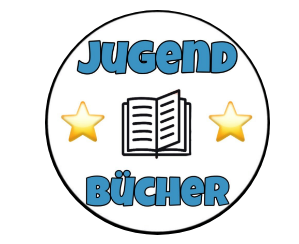 Ein Kreis mit weißem Hintergrund. Blaue Schrift mit den Worten "Jugend" (oben) und "Bücher (unten). Dazwischen ein gemaltes Buch und jeweils links und rechts ein gelber Stern.