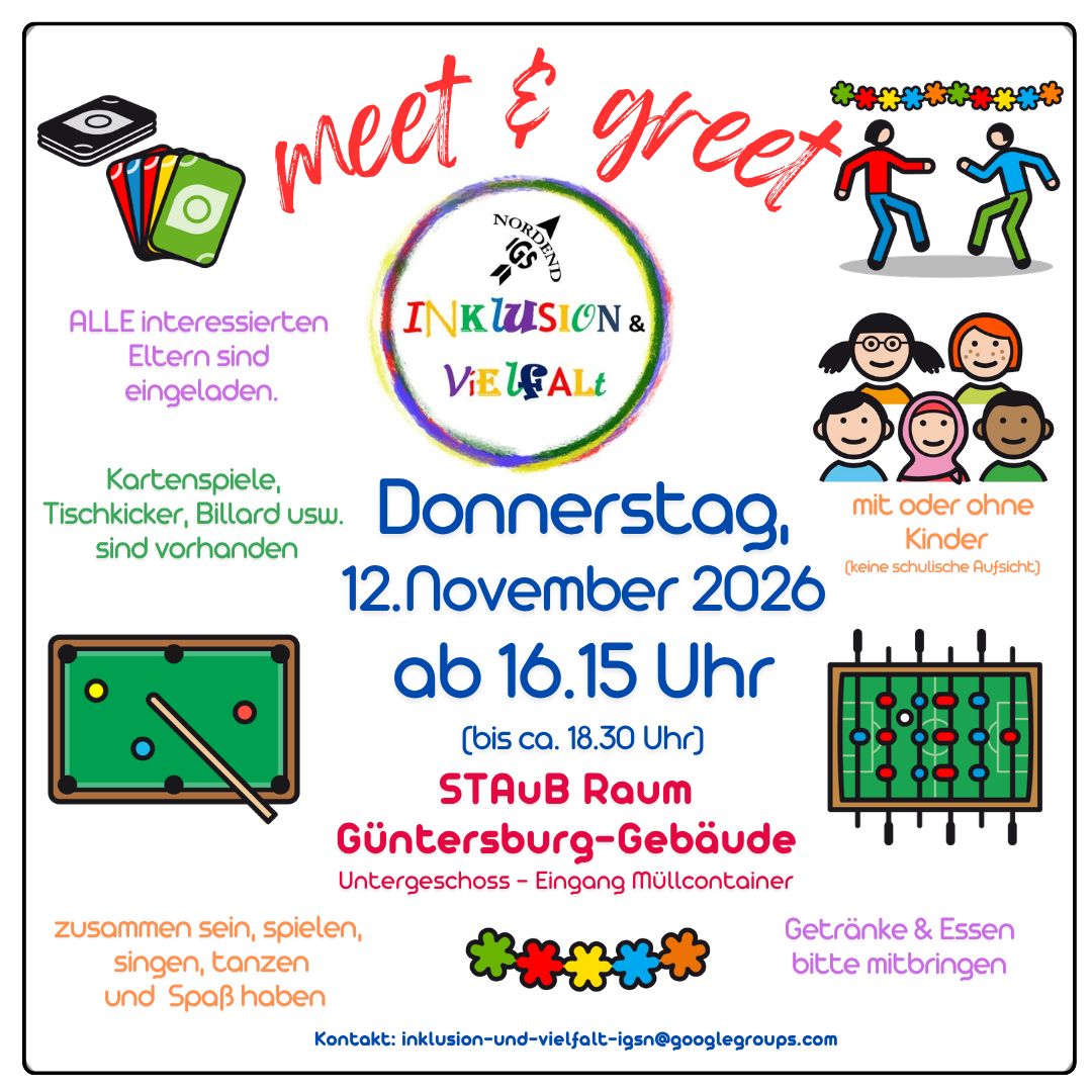 Ein quadratischer Flyer. Bunte Bilder von gezeichneten Kindern. Schrift - s. Text - in der Mitte ein Kreis mit vielen Farben